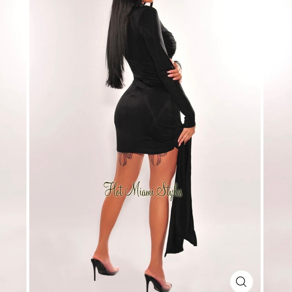 BLACK MESH MOCK NECK SHEER CUT OUT LONG SLEEVE DRESS